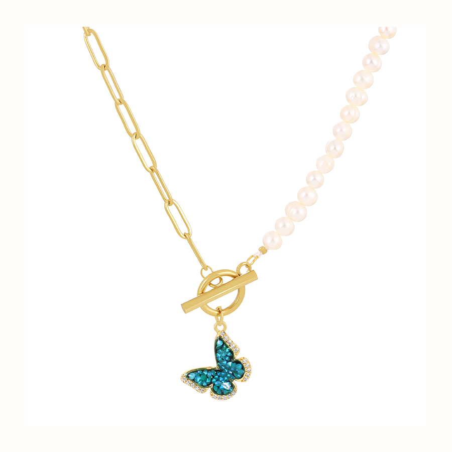 Fashion Blue Bronze Zircon Butterfly Pendant With Ot Buckle And Pearl Necklace,Necklaces