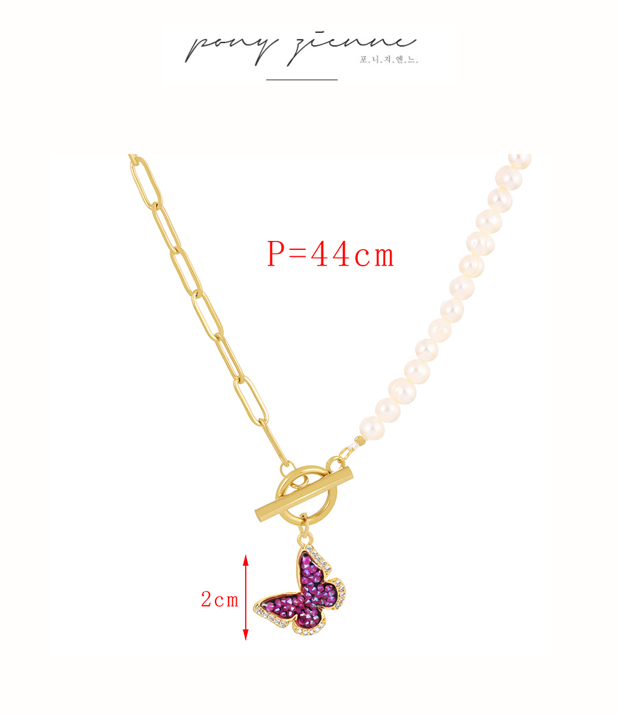 Fashion Red Bronze Zircon Butterfly Pendant With Ot Buckle And Pearl Necklace,Necklaces