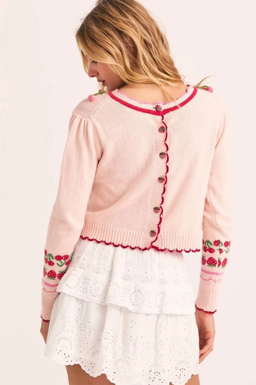 Fashion Pink Strawberry Cherry Embroidered Two-piece Sweater Cardigan,Sweater