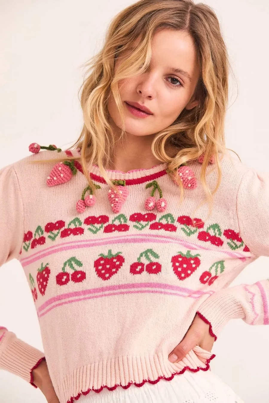 Fashion Pink Strawberry Cherry Embroidered Two-piece Sweater Cardigan,Sweater