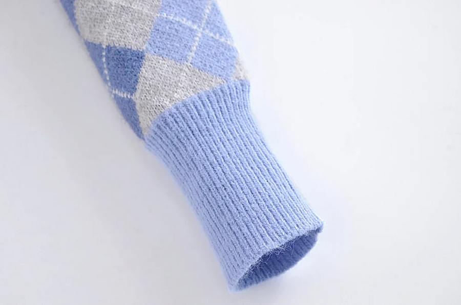 Fashion Blue Diamond Knit Crewneck Sweater,Sweater