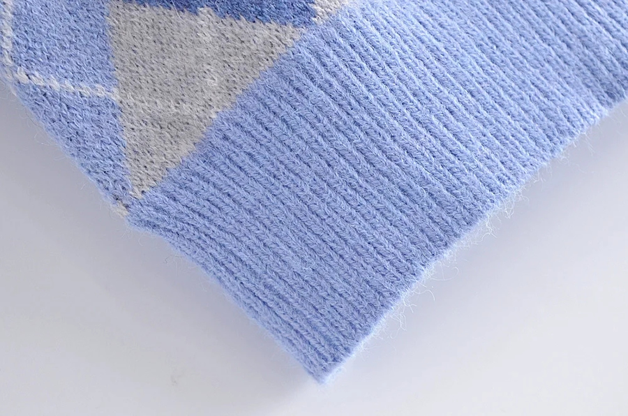 Fashion Blue Diamond Knit Crewneck Sweater,Sweater