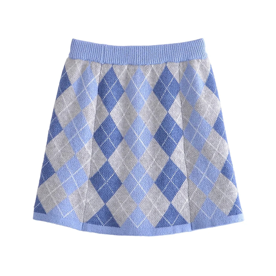 Fashion Blue Diamond Knitted Skirt,Skirts