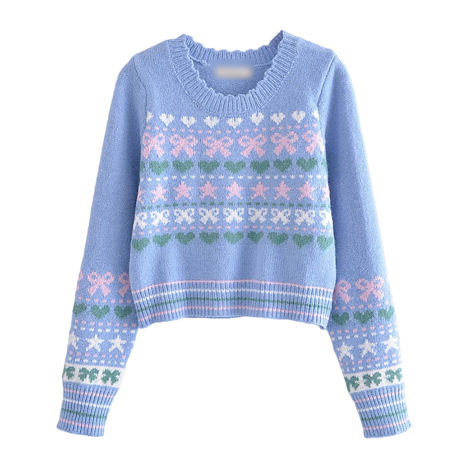 Fashion Blue Geometric Bow Knit Lace Crewneck Sweater,Sweater