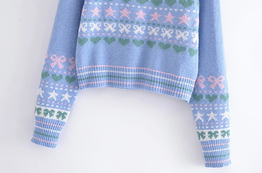 Fashion Blue Geometric Bow Knit Lace Crewneck Sweater,Sweater