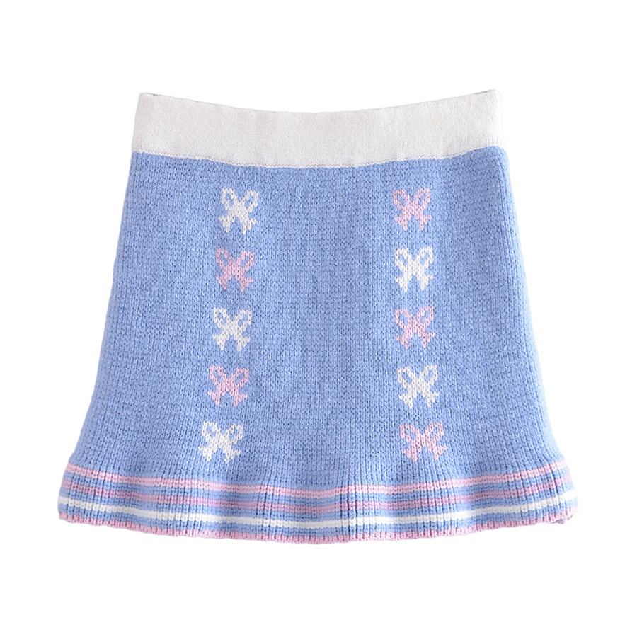 Fashion Blue Ruffled Knitted Skirt With Bow,Skirts