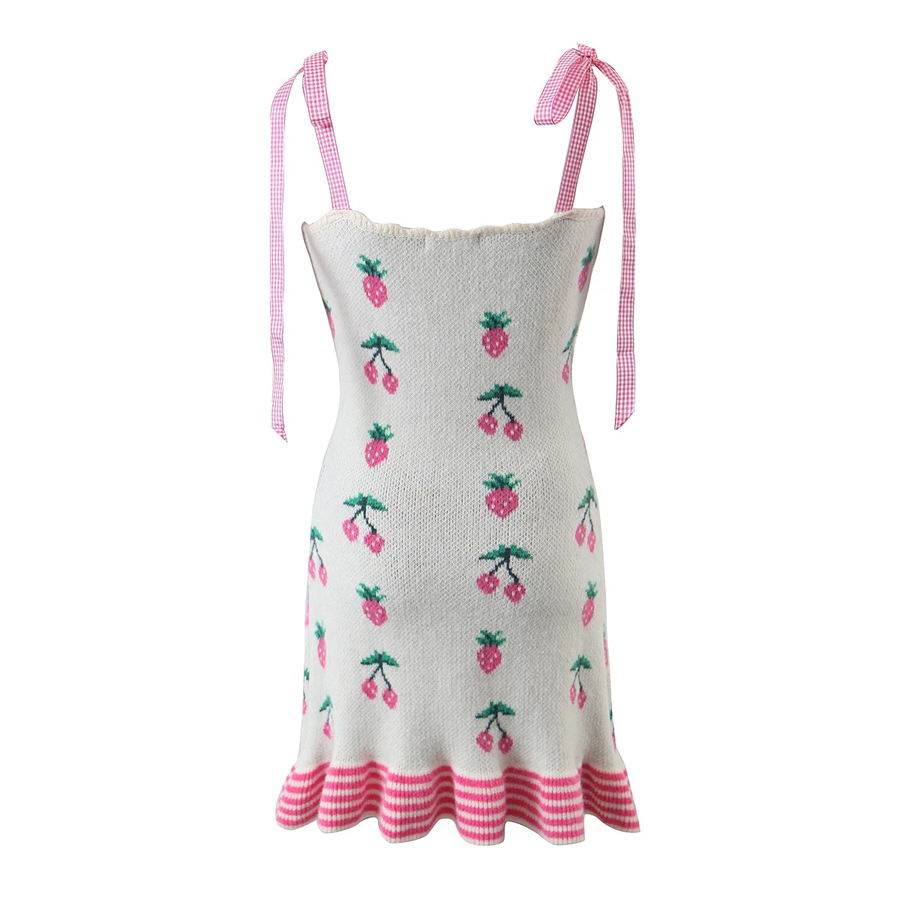 Fashion White Cherry Knit Slip Dress,Mini & Short Dresses