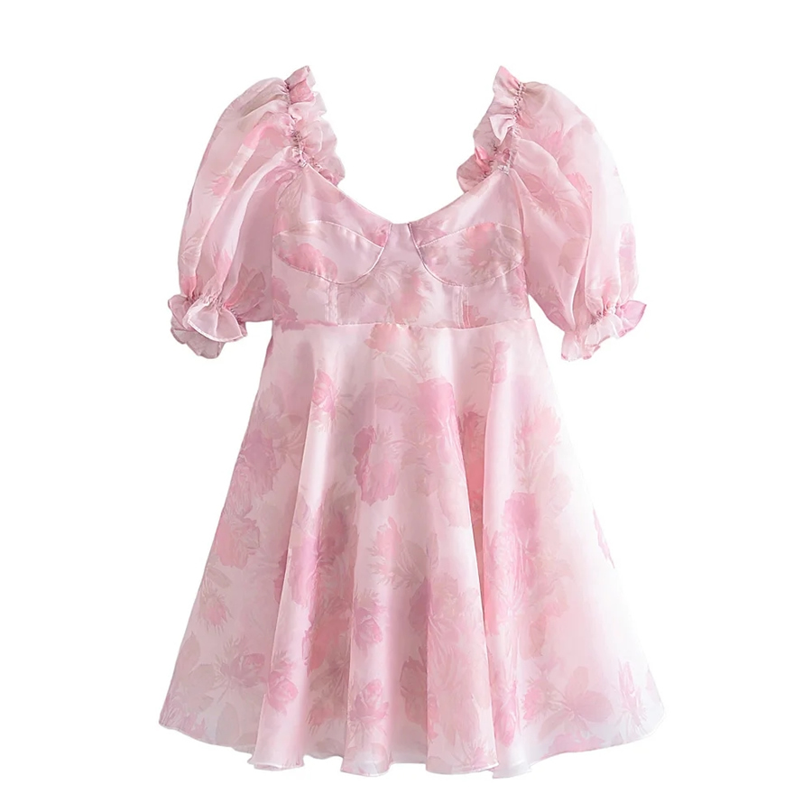 Fashion Pink Organza Print Square Neck Dress,Mini & Short Dresses