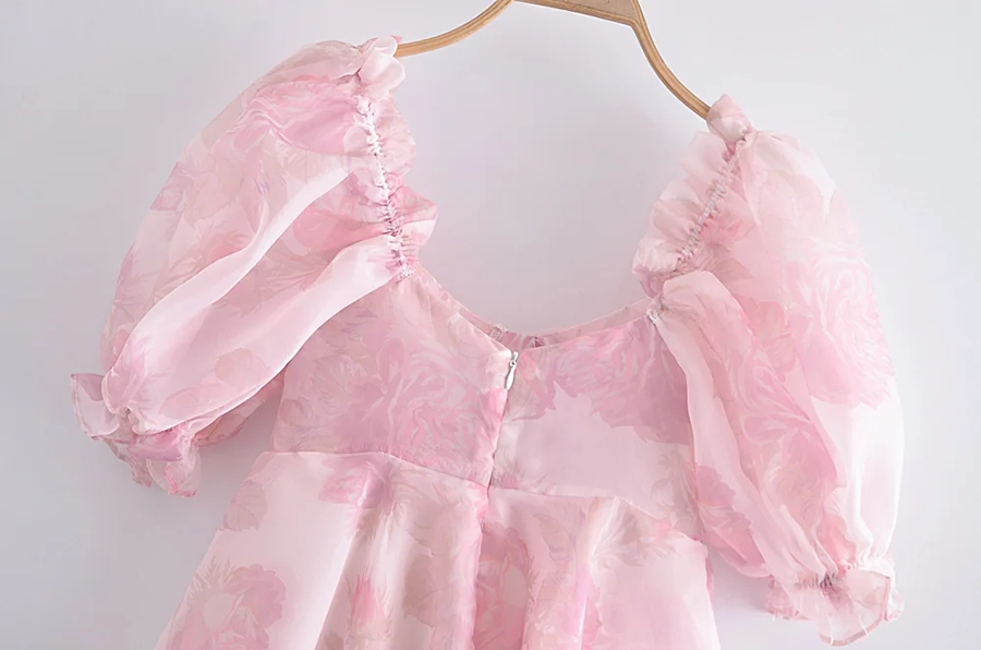 Fashion Pink Organza Print Square Neck Dress,Mini & Short Dresses
