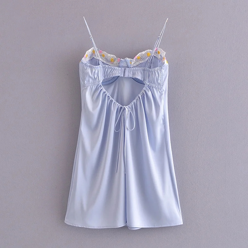 Fashion Blue Floral-embroidered Crinkled-satin Slip Dress,Mini & Short Dresses