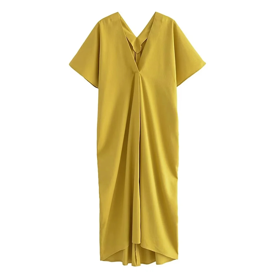 Fashion Yellow Woven V-neck Dress,Long Dress
