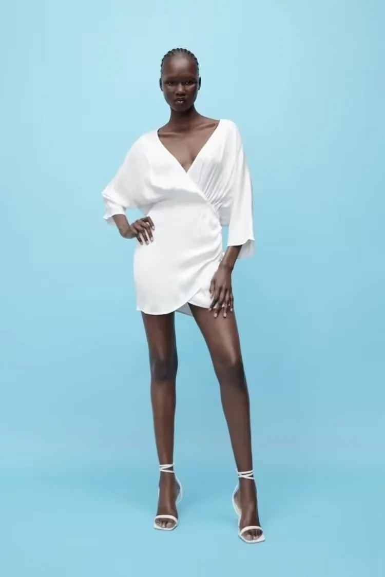 Fashion White Woven V-neck Drawstring Dress,Mini & Short Dresses