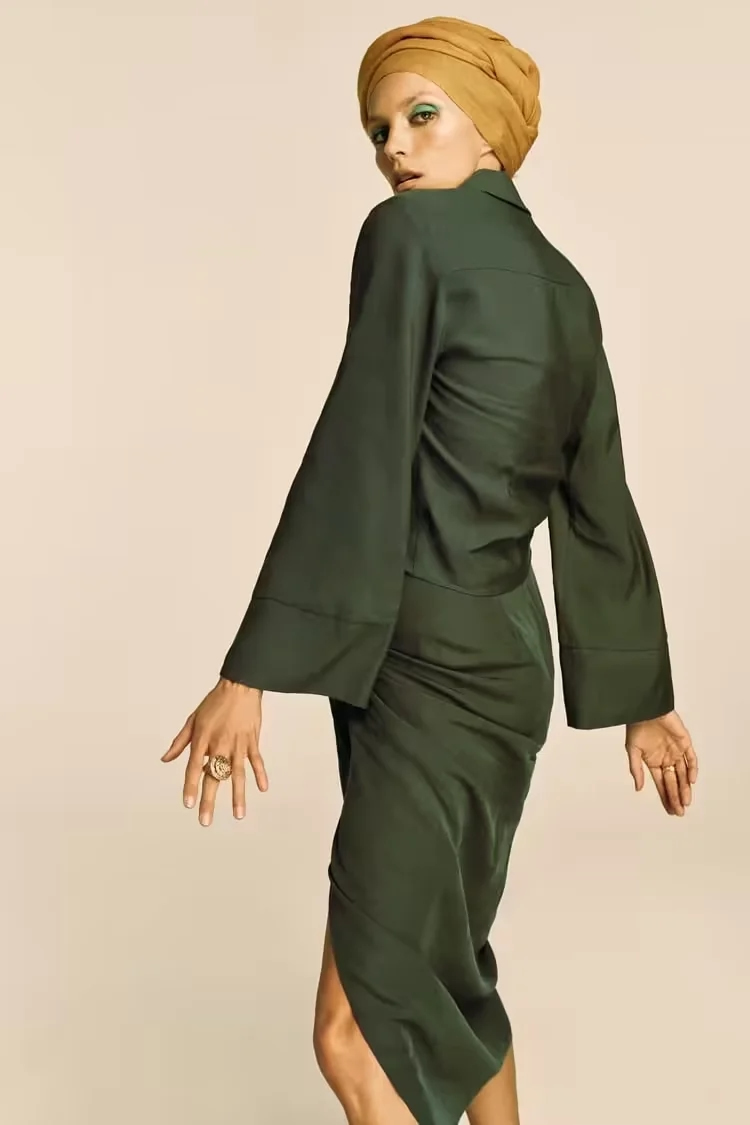 Fashion Green Woven Knot Lapel V-neck Shirt,Blouses