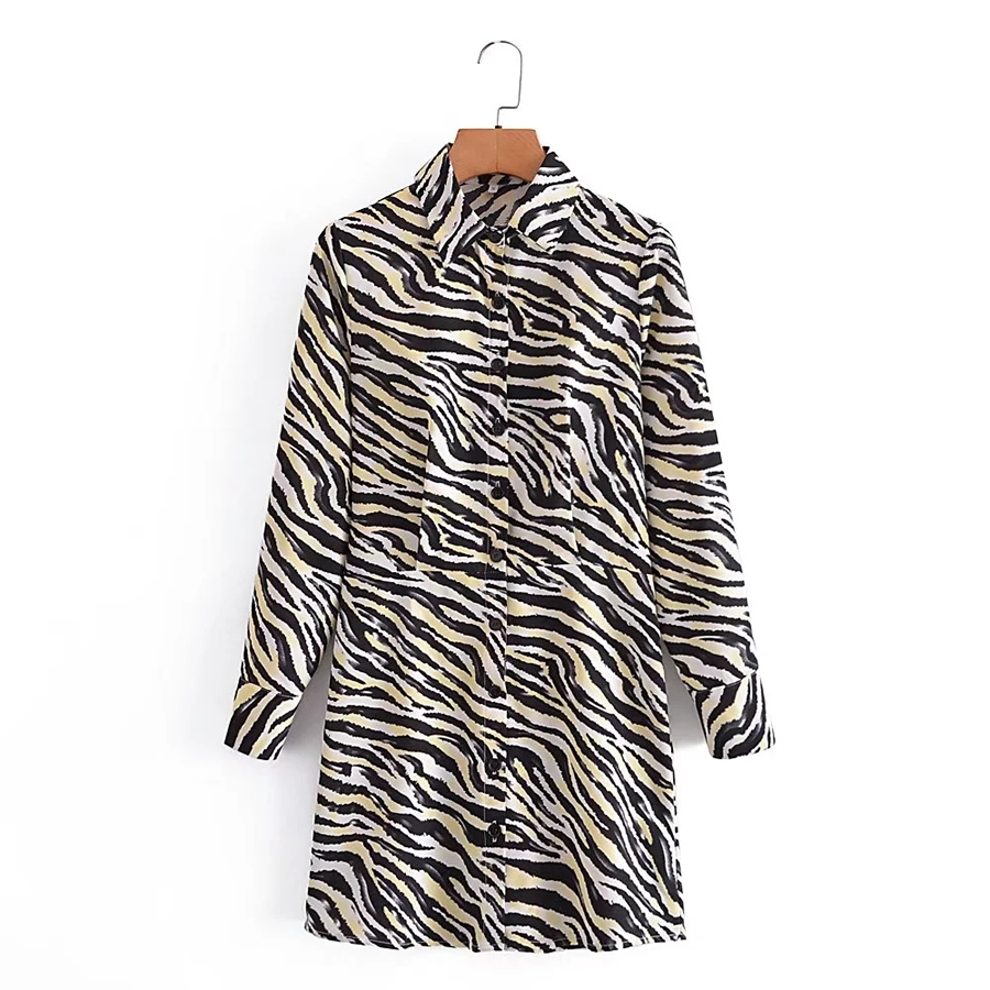 Fashion Suit Zebra-print Lapel Button-up Dress,Long Dress