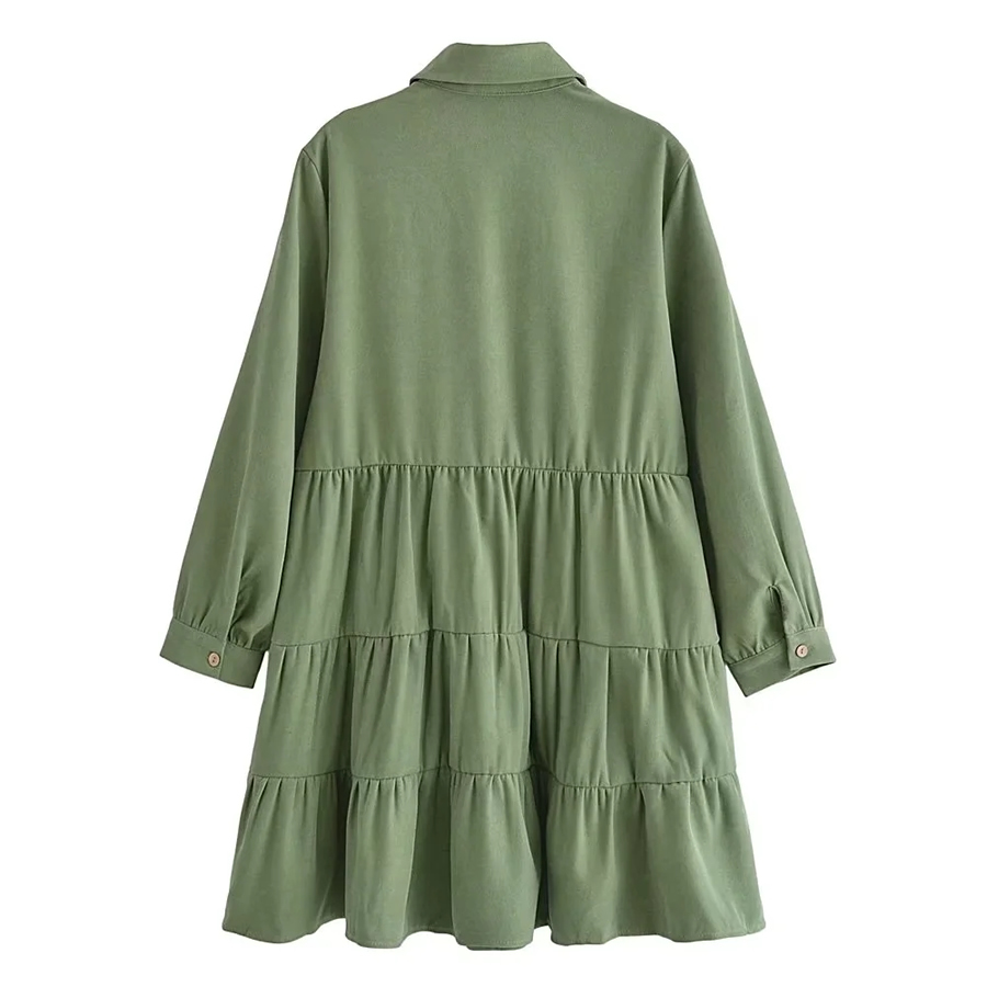 Fashion Green Woven Lapel-breasted Layered Dress,Mini & Short Dresses