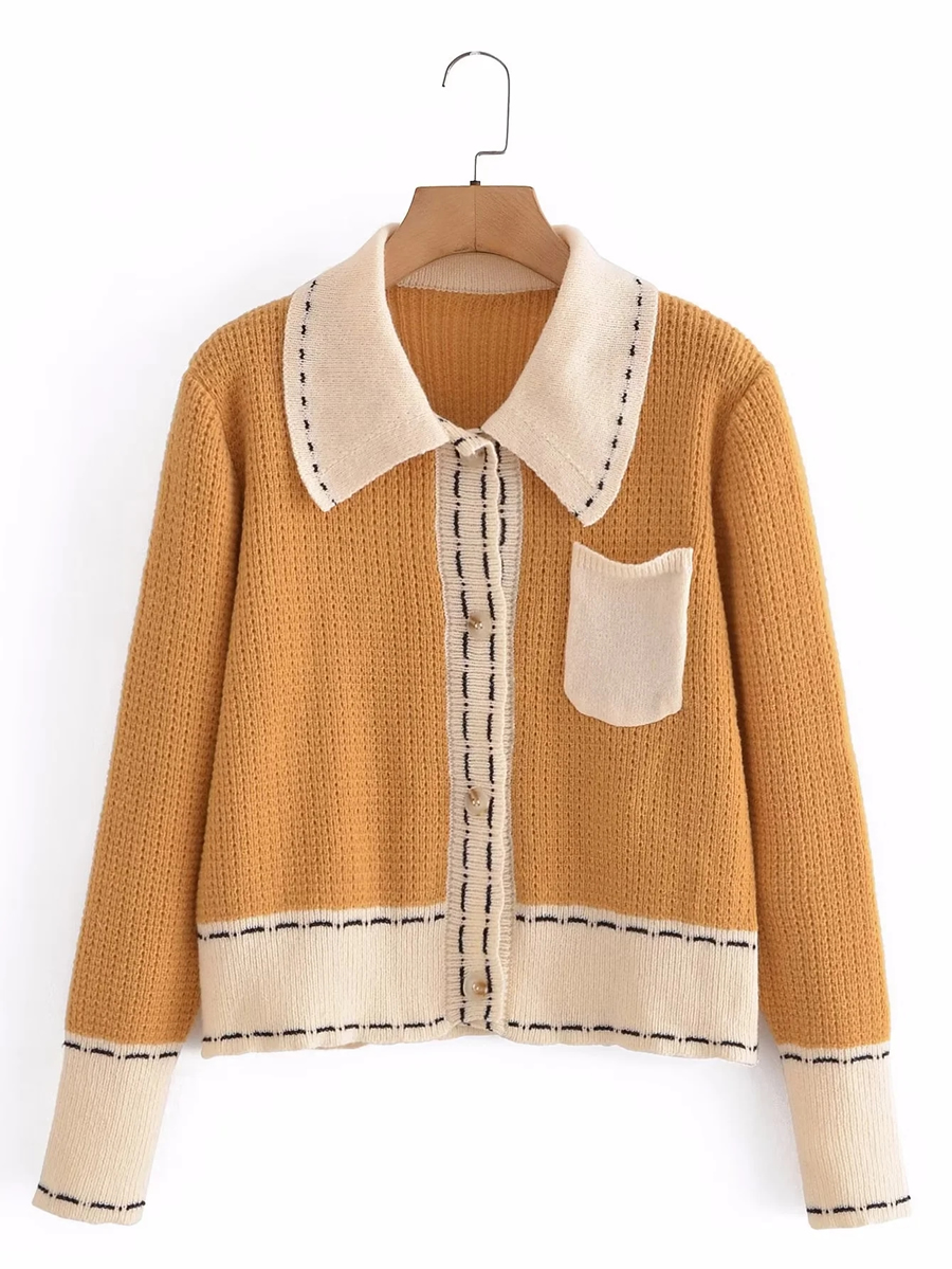 Fashion Brown Geometric Knit Lapel-breasted Jacket,Sweater