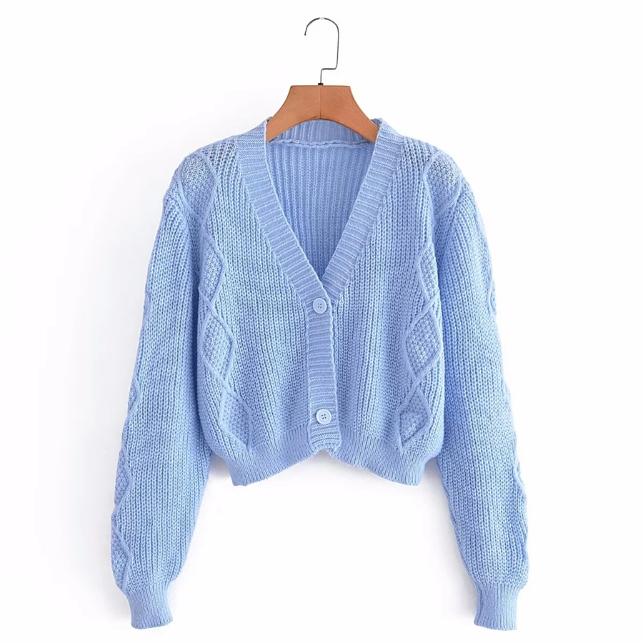 Fashion Blue Knit V-neck Cardigan With Buttons,Sweater