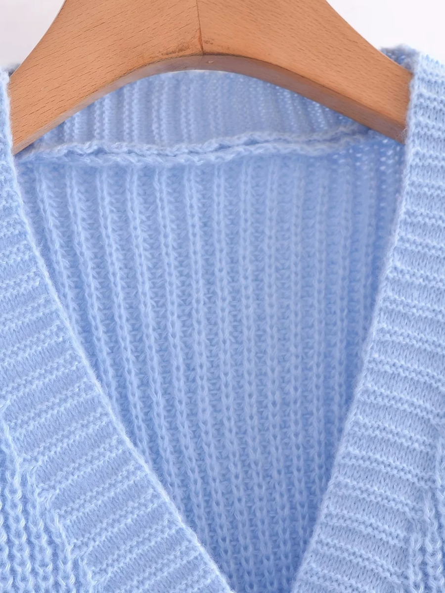 Fashion Blue Knit V-neck Cardigan With Buttons,Sweater