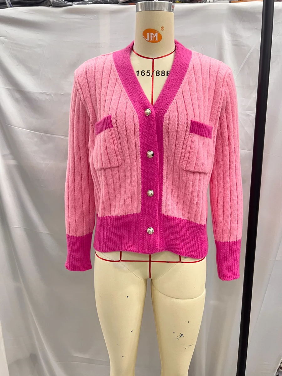 Fashion Rose Red Colorblock Knit-breasted V-neck Cardigan,Sweater