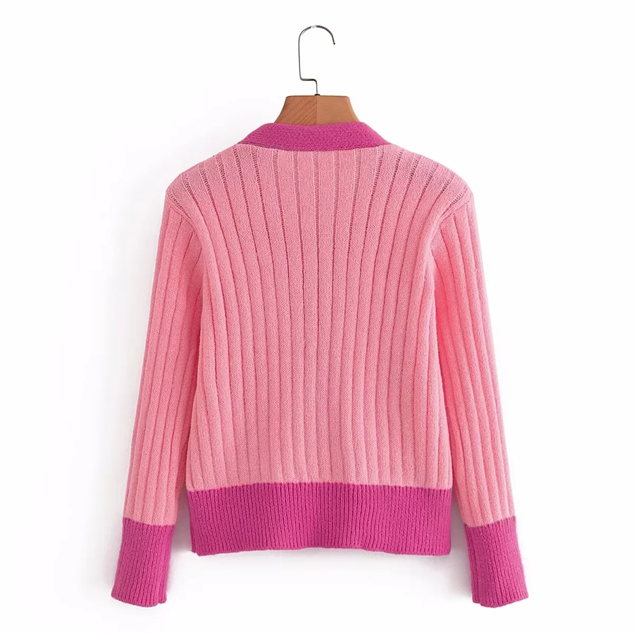 Fashion Rose Red Colorblock Knit-breasted V-neck Cardigan,Sweater