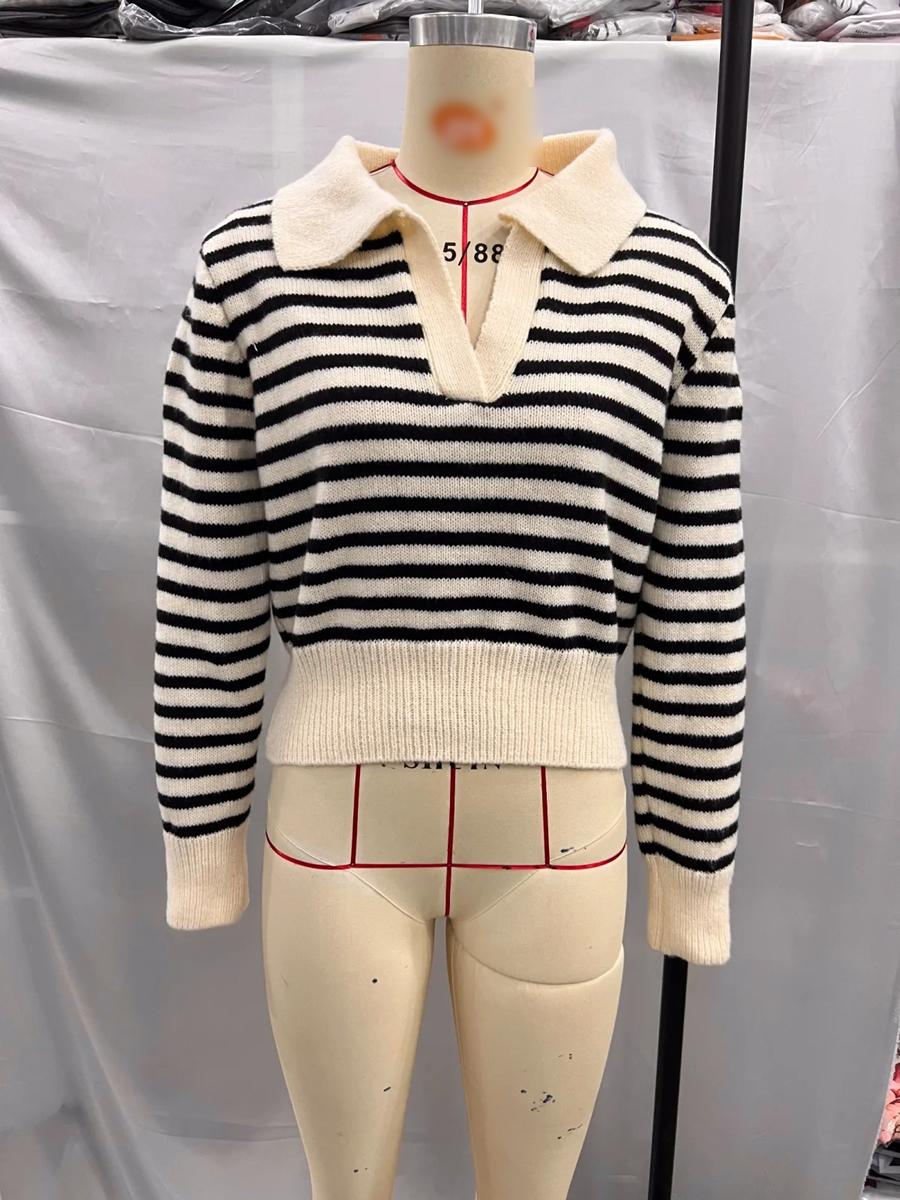 Fashion Black And White Striped Lapel Pullover Sweater,Sweater