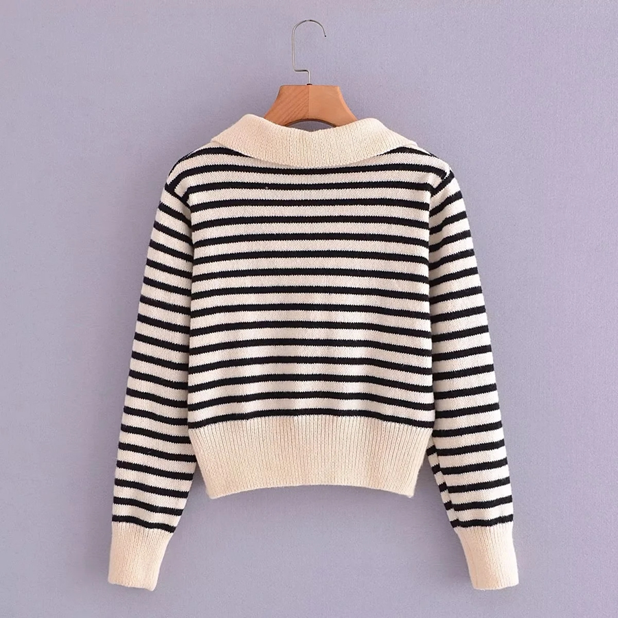 Fashion Black And White Striped Lapel Pullover Sweater,Sweater