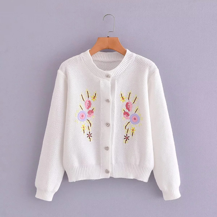 Fashion White Floral Embroidered Knitted Cardigan,Sweater