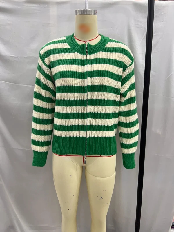 Fashion Green And White Stripes Striped Contrast Knit Sweater,Sweater