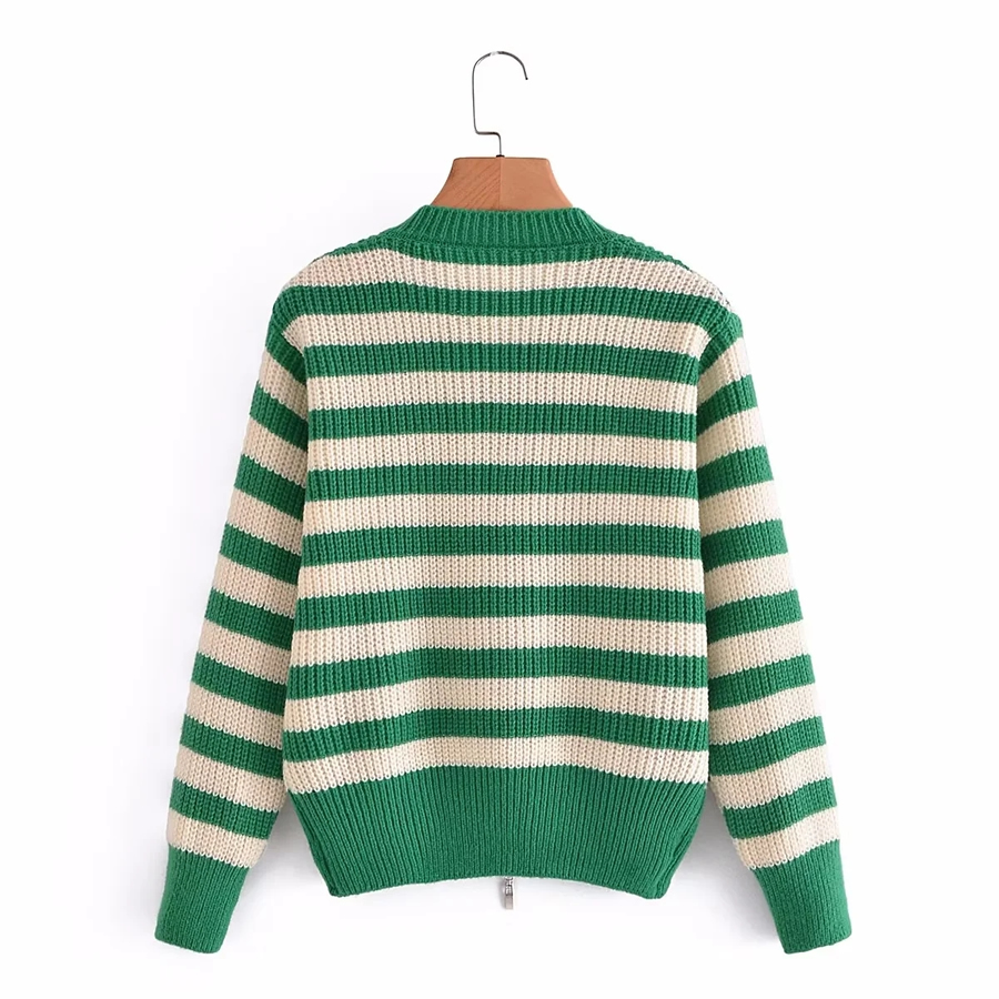 Fashion Green And White Stripes Striped Contrast Knit Sweater,Sweater