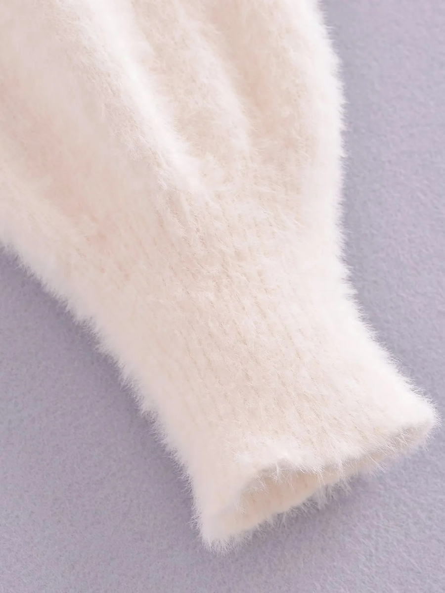 Fashion White Mohair Knit V-neck Cardigan,Sweater
