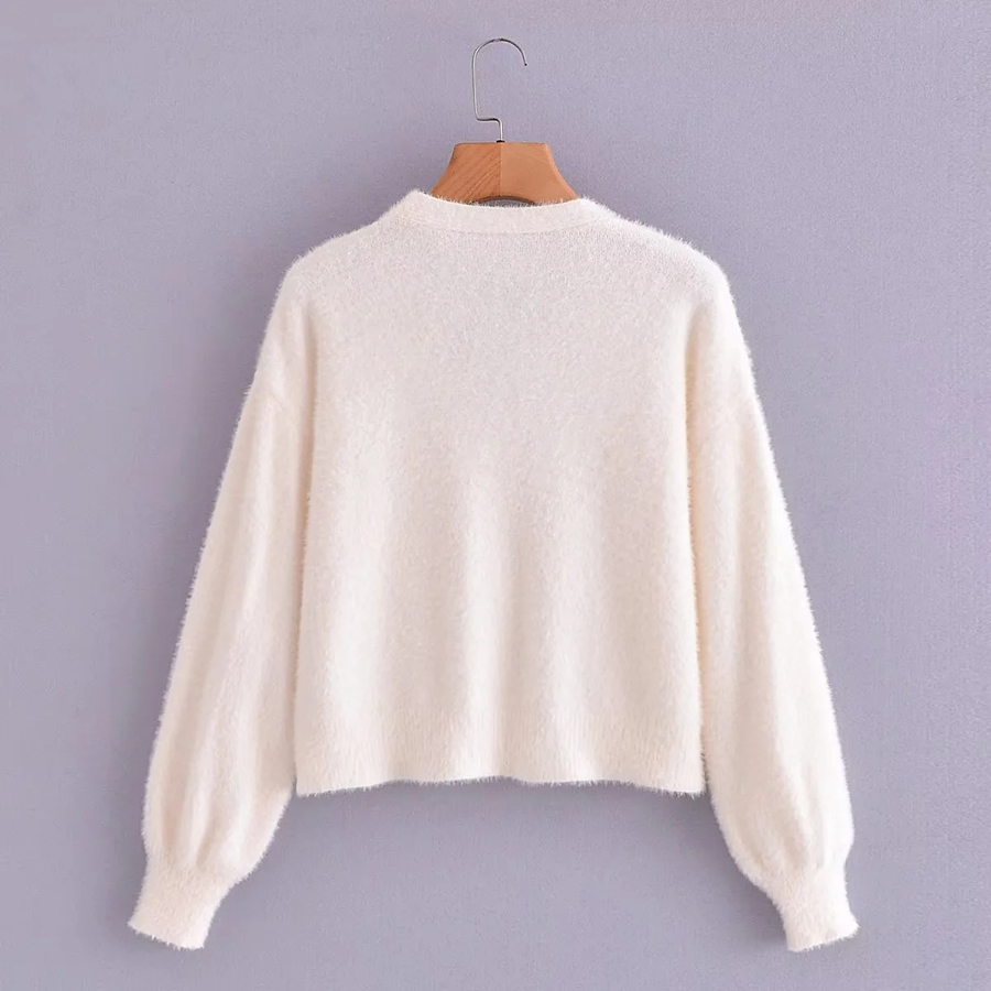 Fashion White Mohair Knit V-neck Cardigan,Sweater