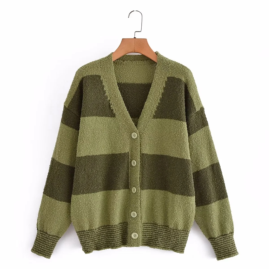Fashion Green Contrast Striped V-neck Button-down Cardigan,Sweater