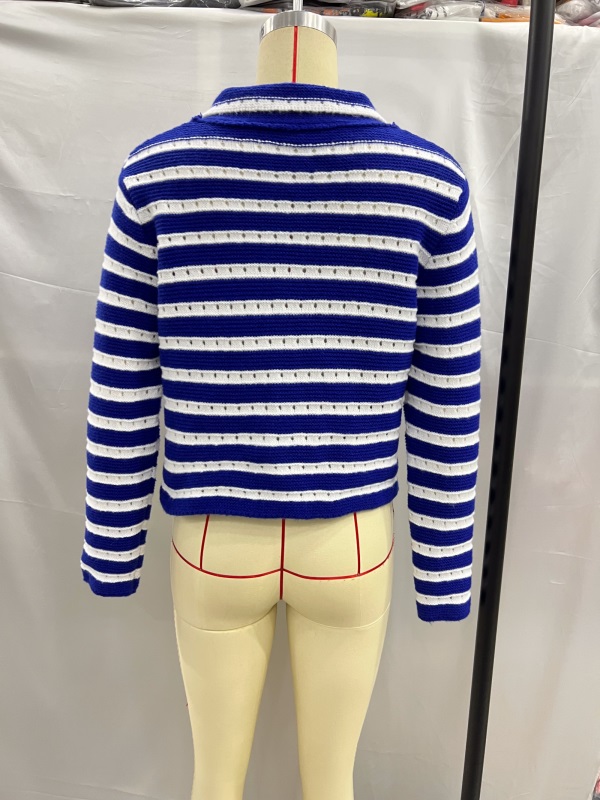 Fashion Blue And White Contrast Stripe Knit-breasted Cardigan,Sweater