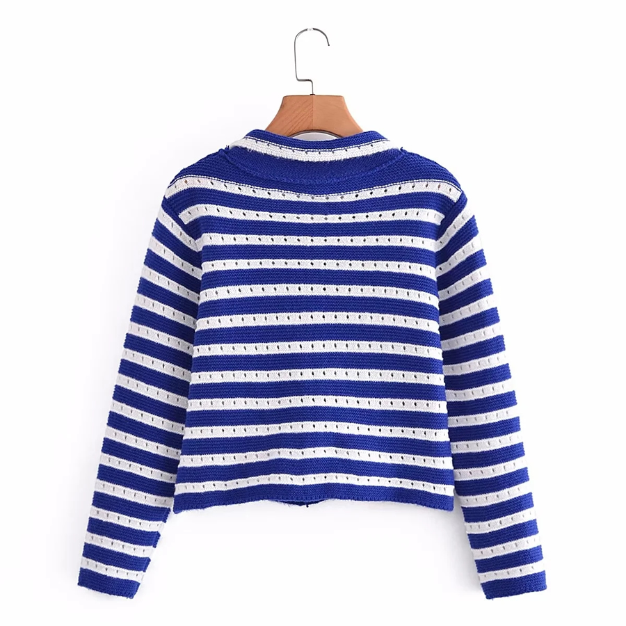 Fashion Blue And White Contrast Stripe Knit-breasted Cardigan,Sweater