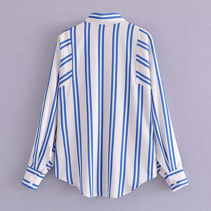 Fashion Blue Woven Striped Button Down Collar Shirt,Blouses