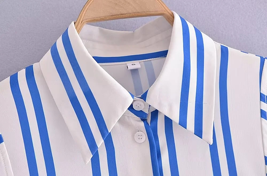 Fashion Blue Woven Striped Button Down Collar Shirt,Blouses