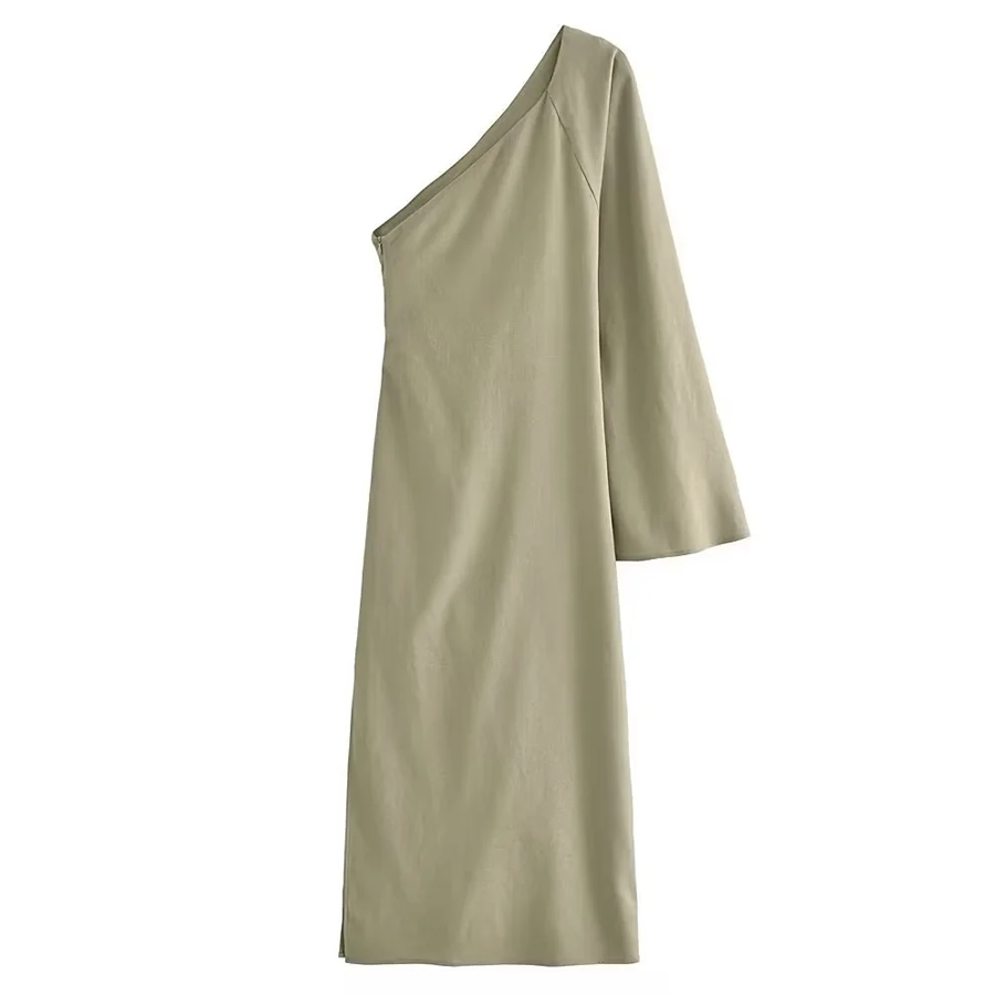 Fashion Green Woven One-shoulder Pleated Dress,Long Dress