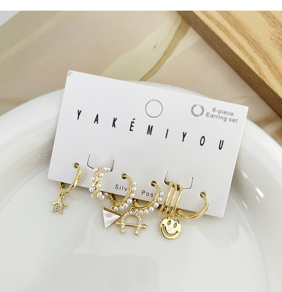 Fashion Gold 6-piece Set Of Bronze Zircon Pearl Smiley Pentagram Earrings,Earring Set