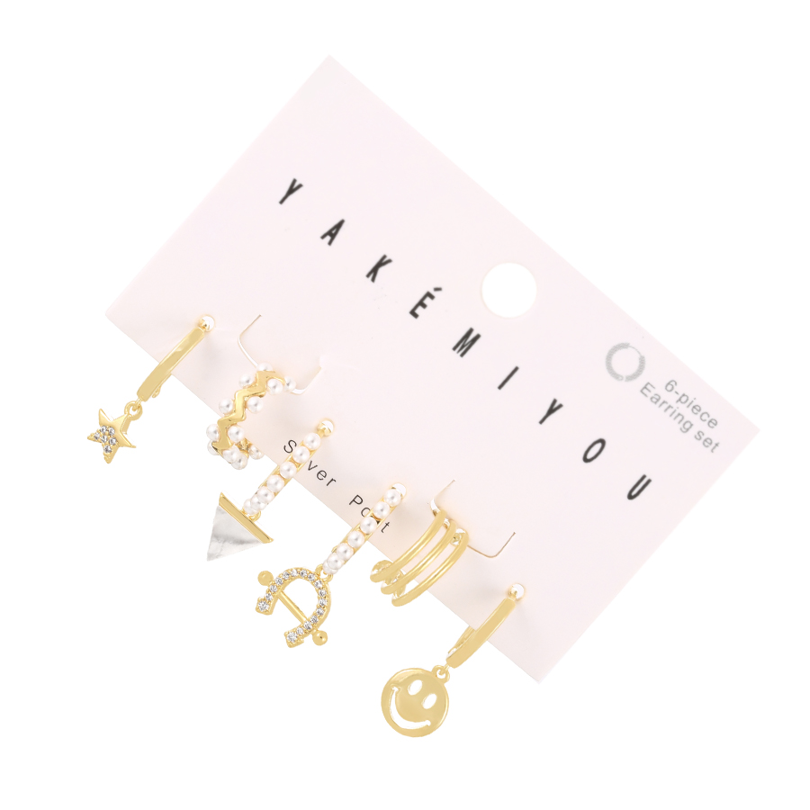 Fashion Gold 6-piece Set Of Bronze Zircon Pearl Smiley Pentagram Earrings,Earring Set
