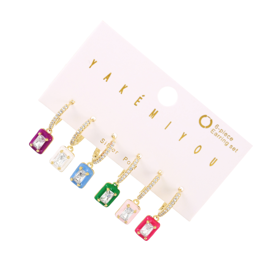 Fashion Color Set Of 6 Copper Inlaid Zircon Oil Drop Square Earrings,Earring Set