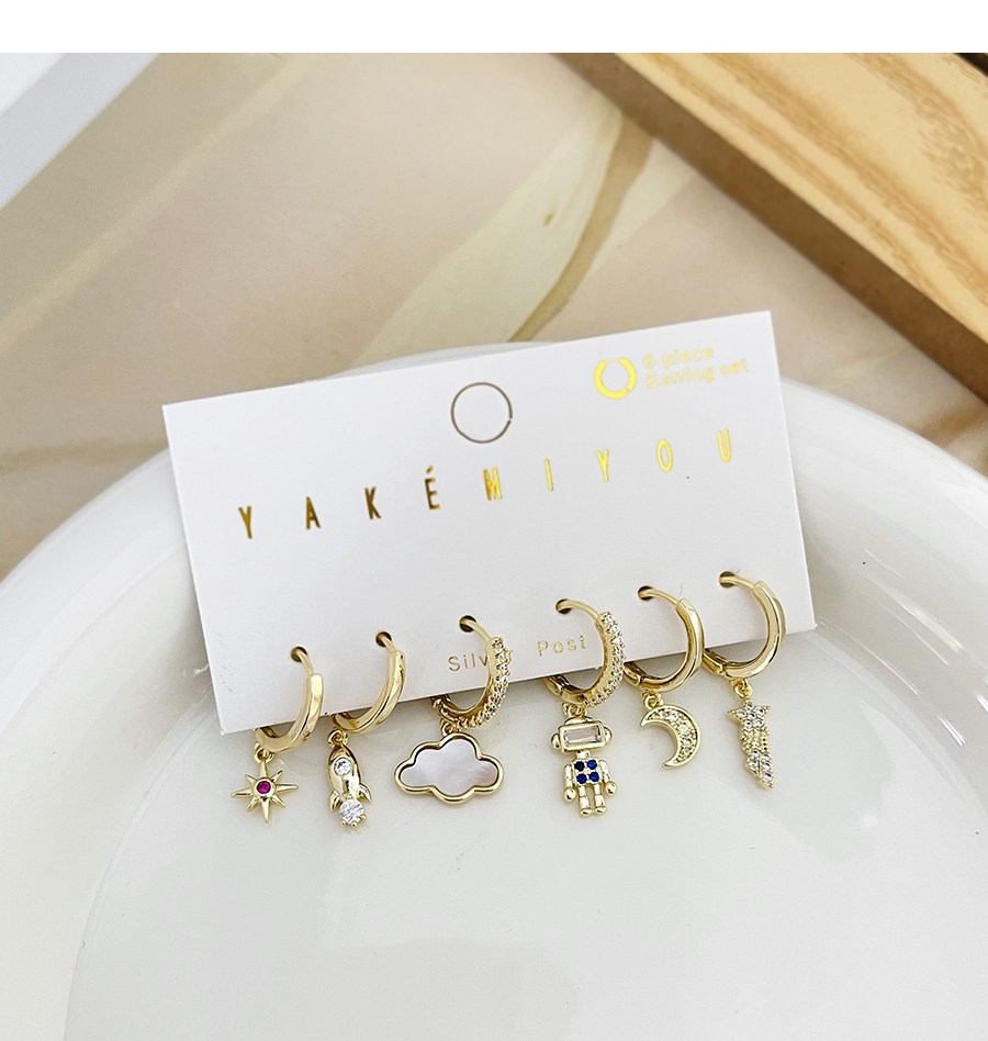 Fashion Gold 6-piece Set Of Copper Inlaid Zircon Rocket Robot Earrings,Earring Set