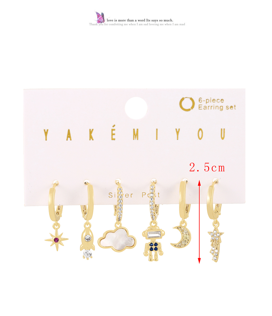 Fashion Gold 6-piece Set Of Copper Inlaid Zircon Rocket Robot Earrings,Earring Set