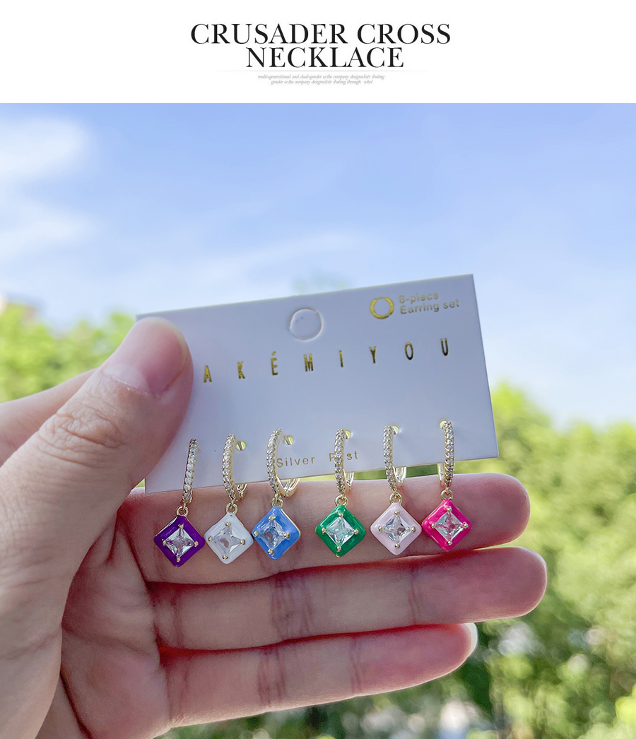 Fashion Color Set Of 6 Copper Inlaid Zircon Oil Drop Square Earrings,Earring Set