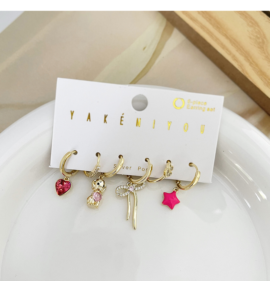 Fashion Gold 6-piece Set Of Copper Inlaid Zircon Love Puppy Bow Earrings,Earring Set