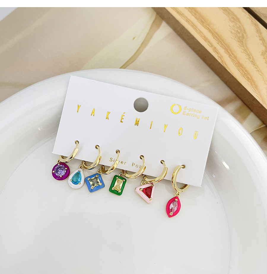 Fashion Color 6-piece Set Of Copper Inlaid Zircon Drip Oil Geometric Earrings,Earring Set