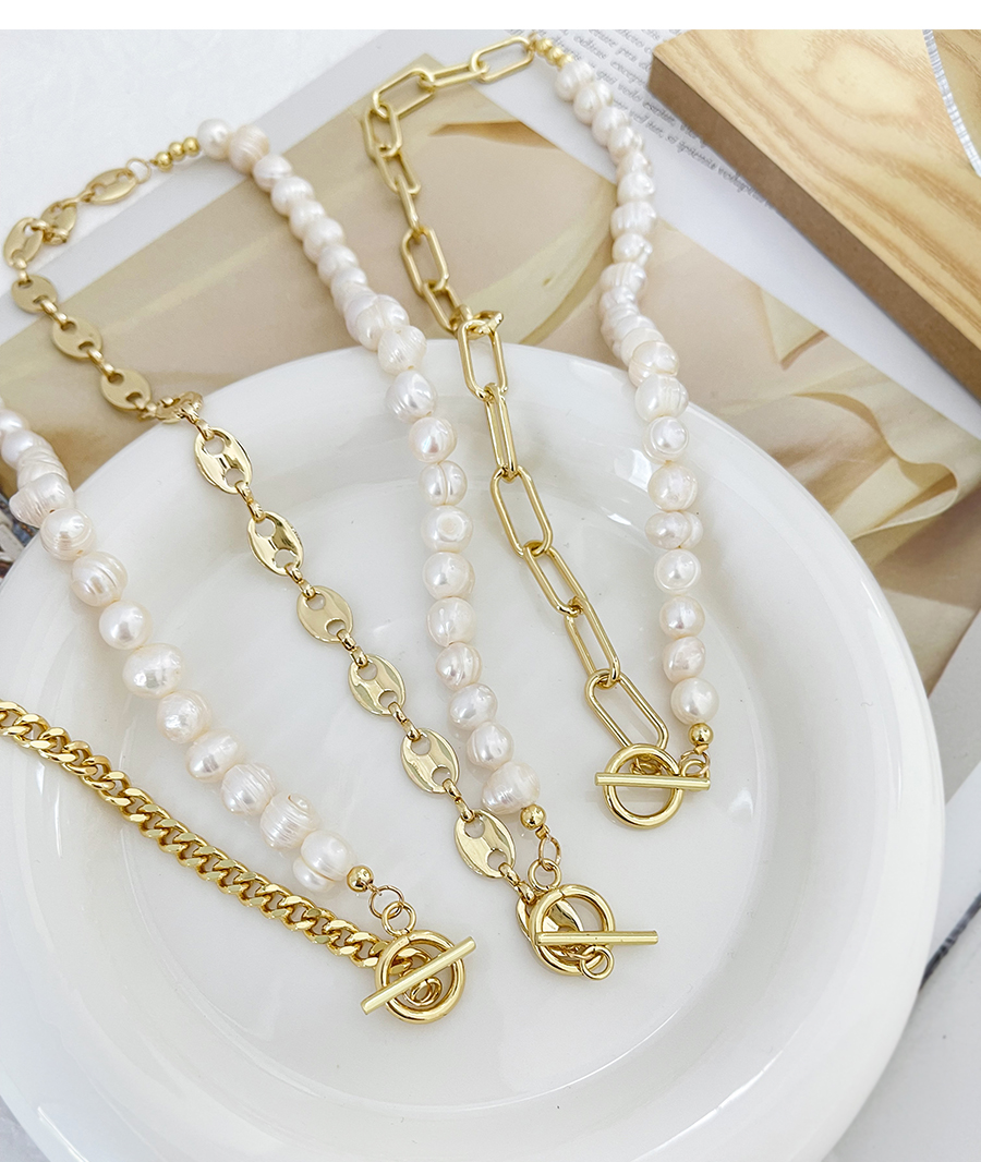 Fashion Gold-2 Copper Hollow Pig Nose Pearl Chain Necklace,Necklaces