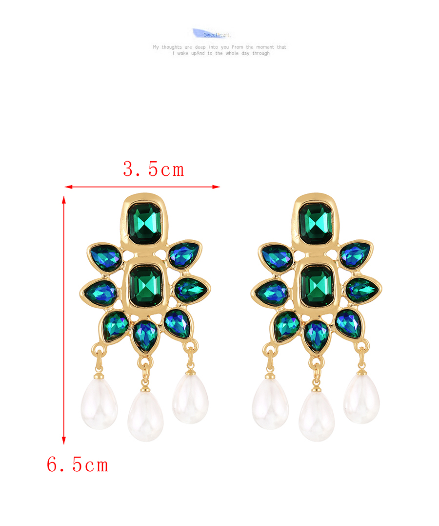 Fashion Dark Green Alloy Diamond Drop Pearl Tassel Stud Earrings,Stud Earrings