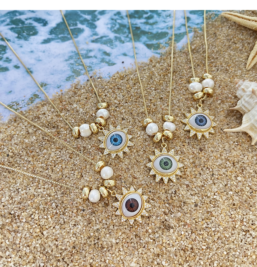 Fashion Grey Blue Bronze Zirconium Pearl Eye Pendant Necklace,Necklaces