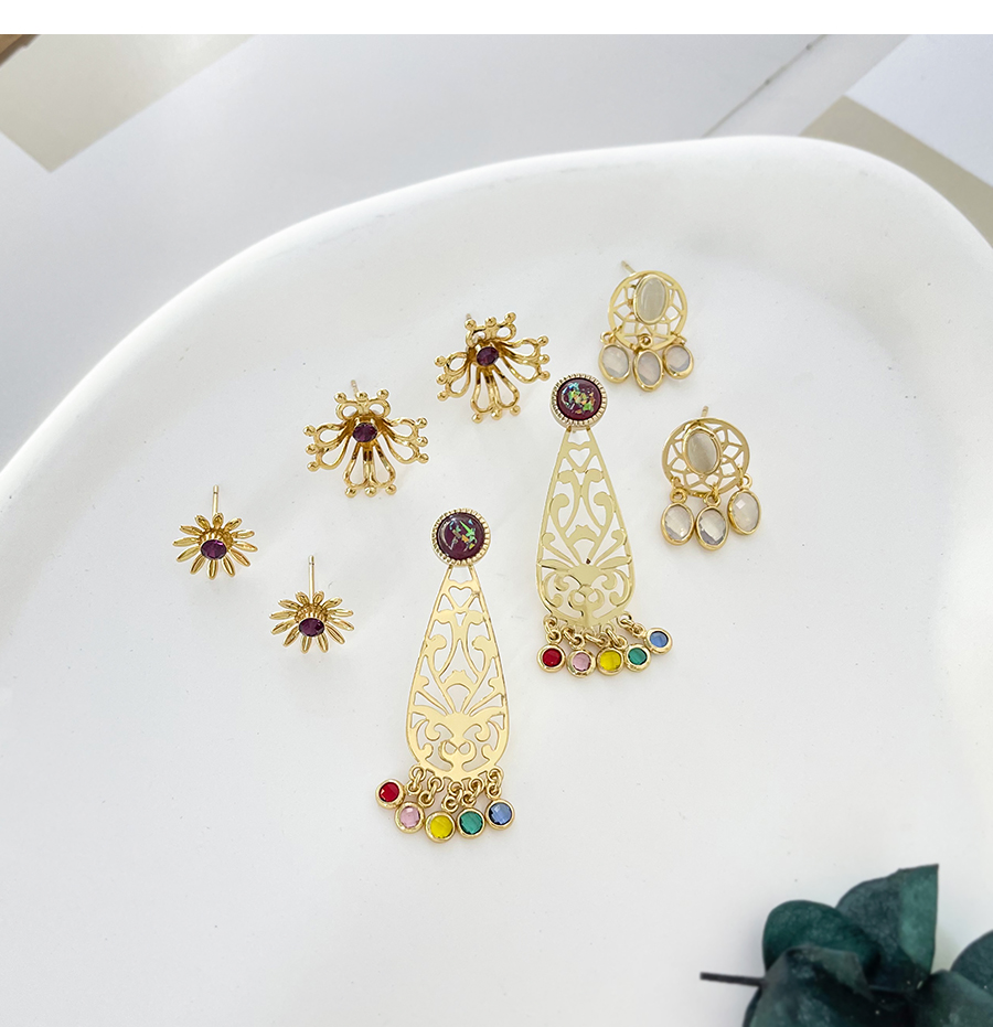 Fashion Gold Copper Inlaid Zirconium Hollow Pattern Tassel Stud Earrings,Earrings