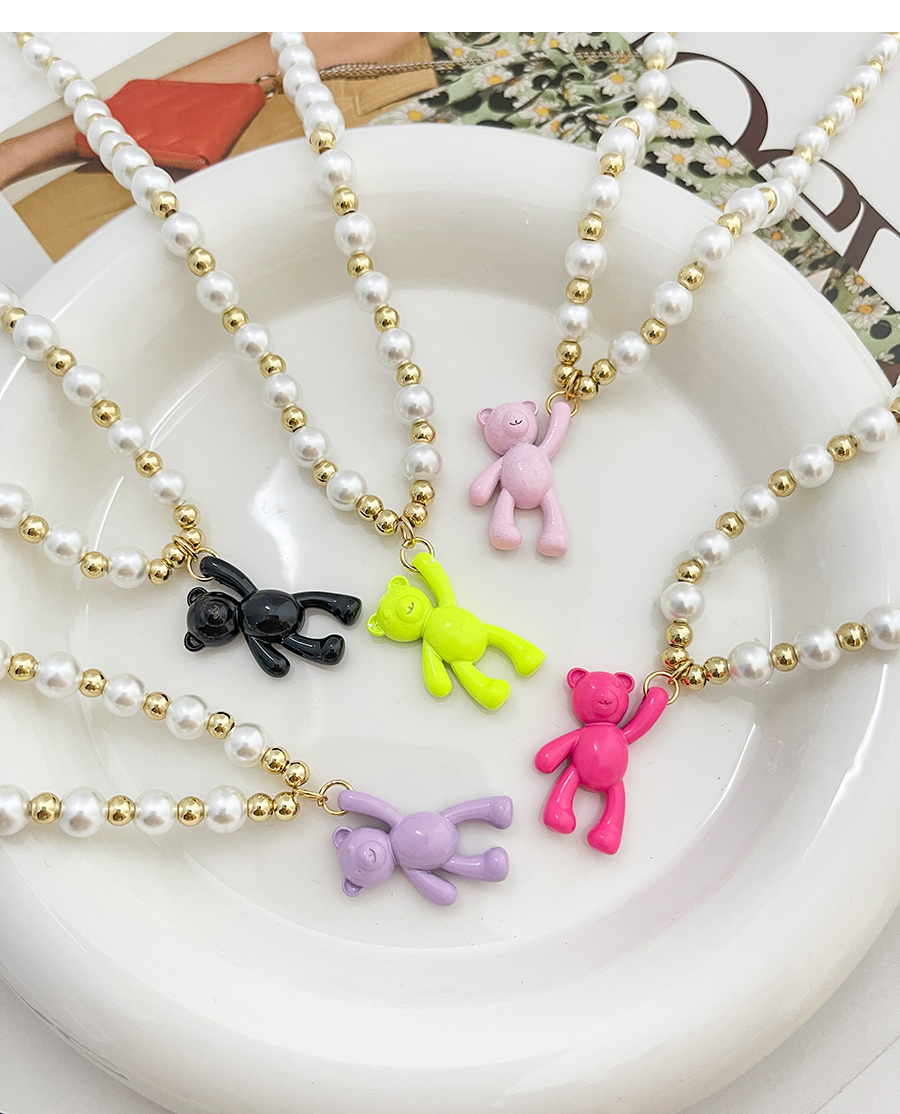 Fashion Fluorescent Yellow Copper Pearl Beaded Oil Bear Pendant Necklace,Necklaces